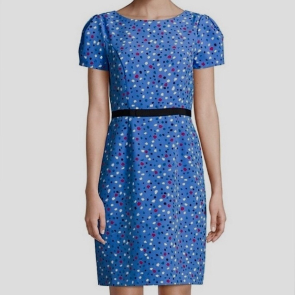 ISAAC MIZRAHI BLUE SHORT SLEEVE CONFETTI DRESS  RIBBON BELT